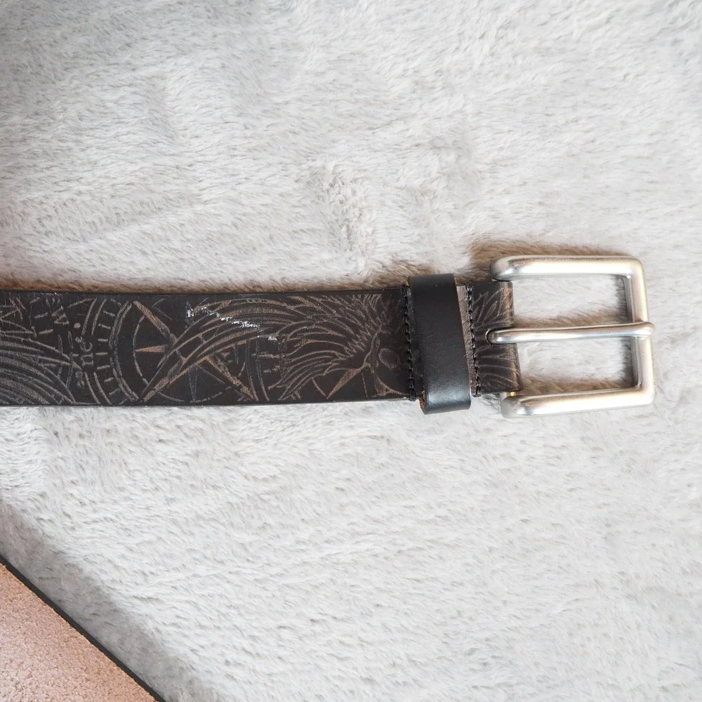 Y2k Style Mens Sz 42 Tooled Leather Belt‎ Screaming Skulls Wings Compass